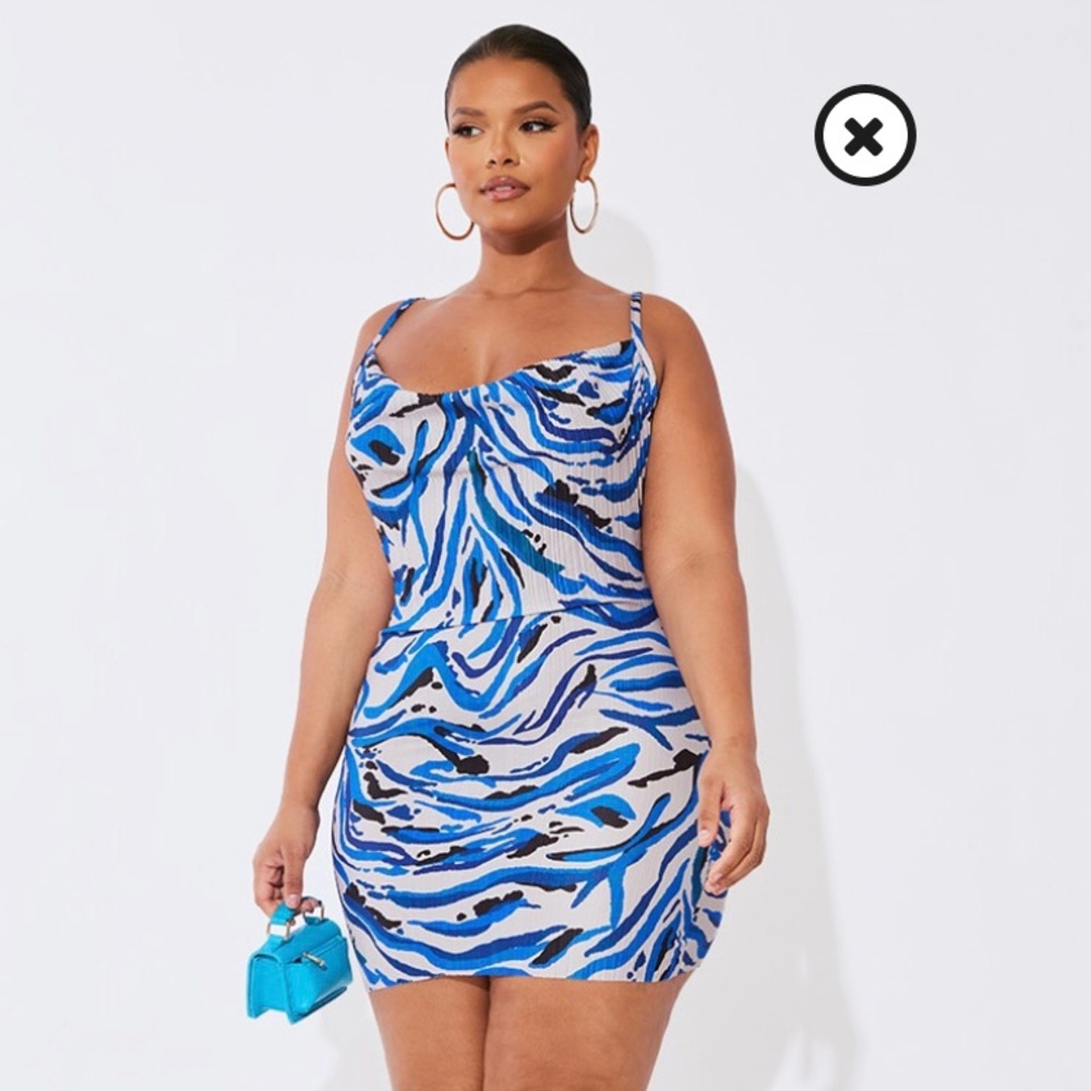 Pretty Little Thing Blue Tiger Printed Plisse Cowl Neck Bodycon Dress